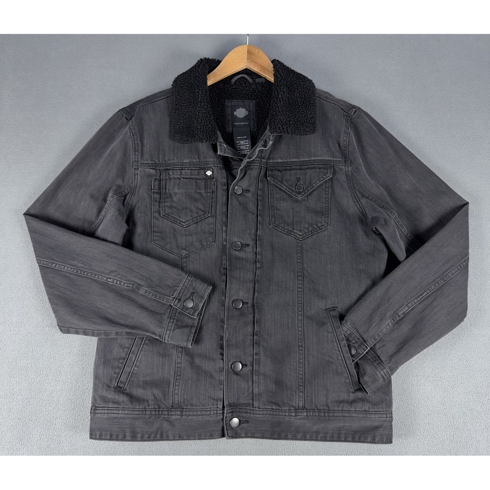 Harley Davidson Jacket Mens Large Black Denim Trucker Sherpa Fleece Lined Garage
